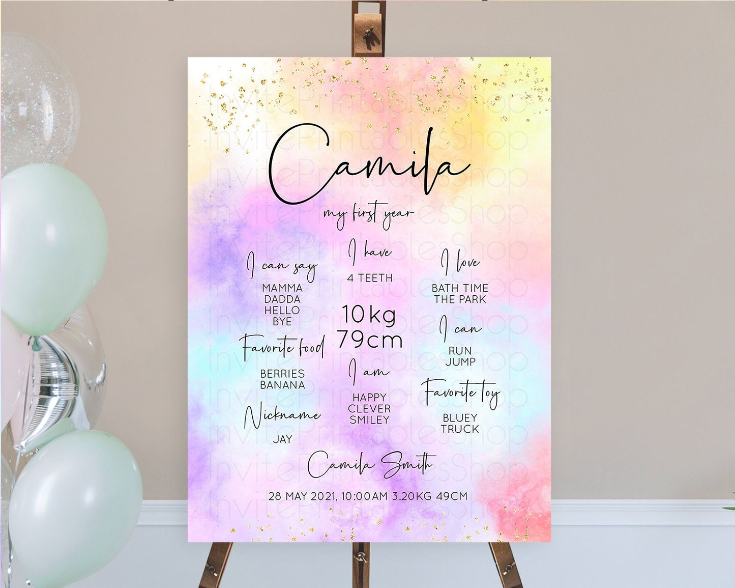 Pastel First Birthday Milestone Board Pastel Rainbow Milestone Poster Colorful Confetti Watercolor Glitter 1st Birthday Welcome Sign D10438