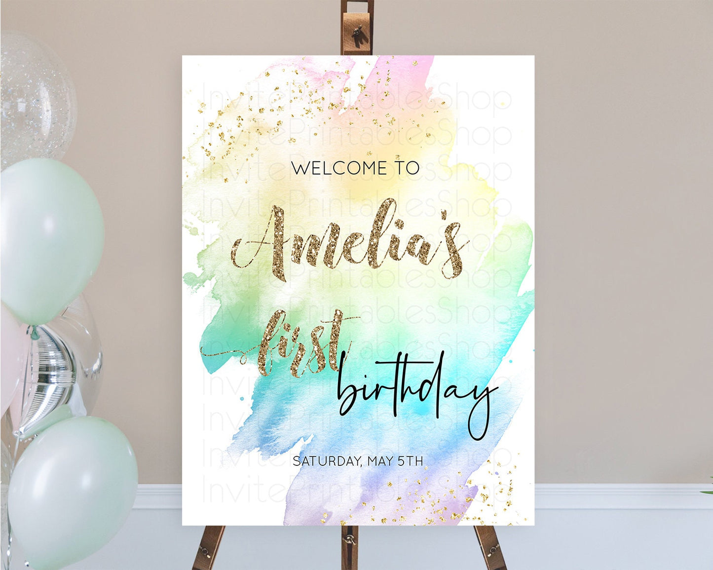 Pastel Welcome Sign Pastel Rainbow Welcome Sign Colorful Rainbow Confetti Watercolor Glitter Pastel First Birthday Welcome Sign D10259