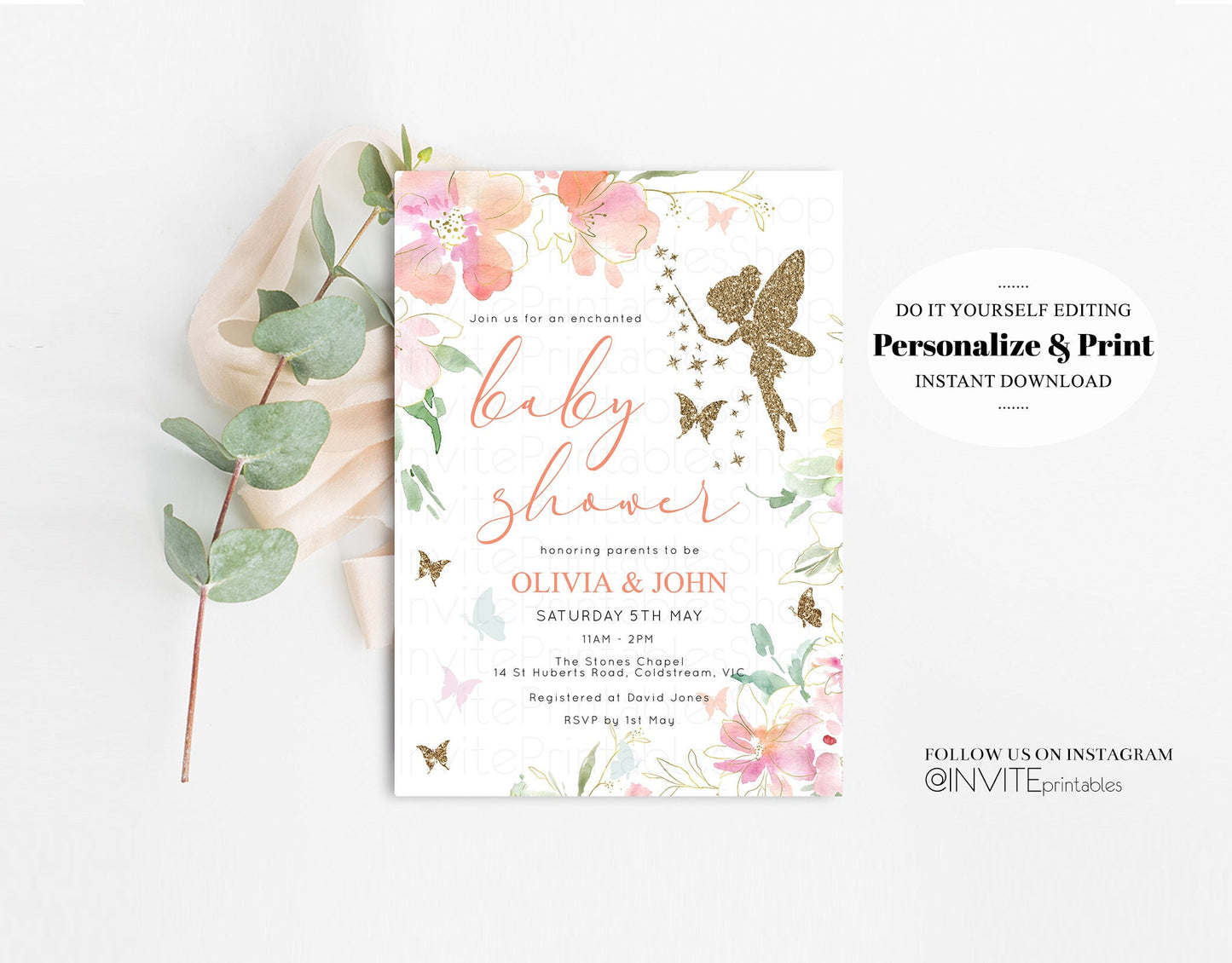 Fairy Baby Shower Invitation Enchanted Fairy Garden Baby Shower Invite Pastel Watercolor Invite Pixie Pink Flowers White Gold Glitter 91