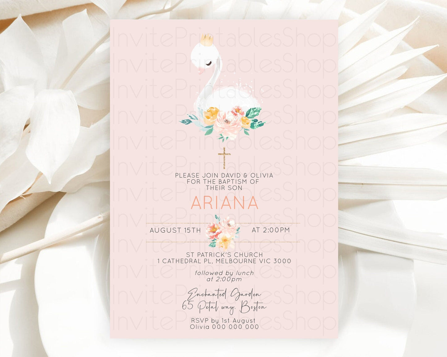 Swan Lake Baptism Invitation Swan Princess Ballet Baptism 1st Birthday Enchanted Forest Secret Garden Watercolour Pastel Floral D10388