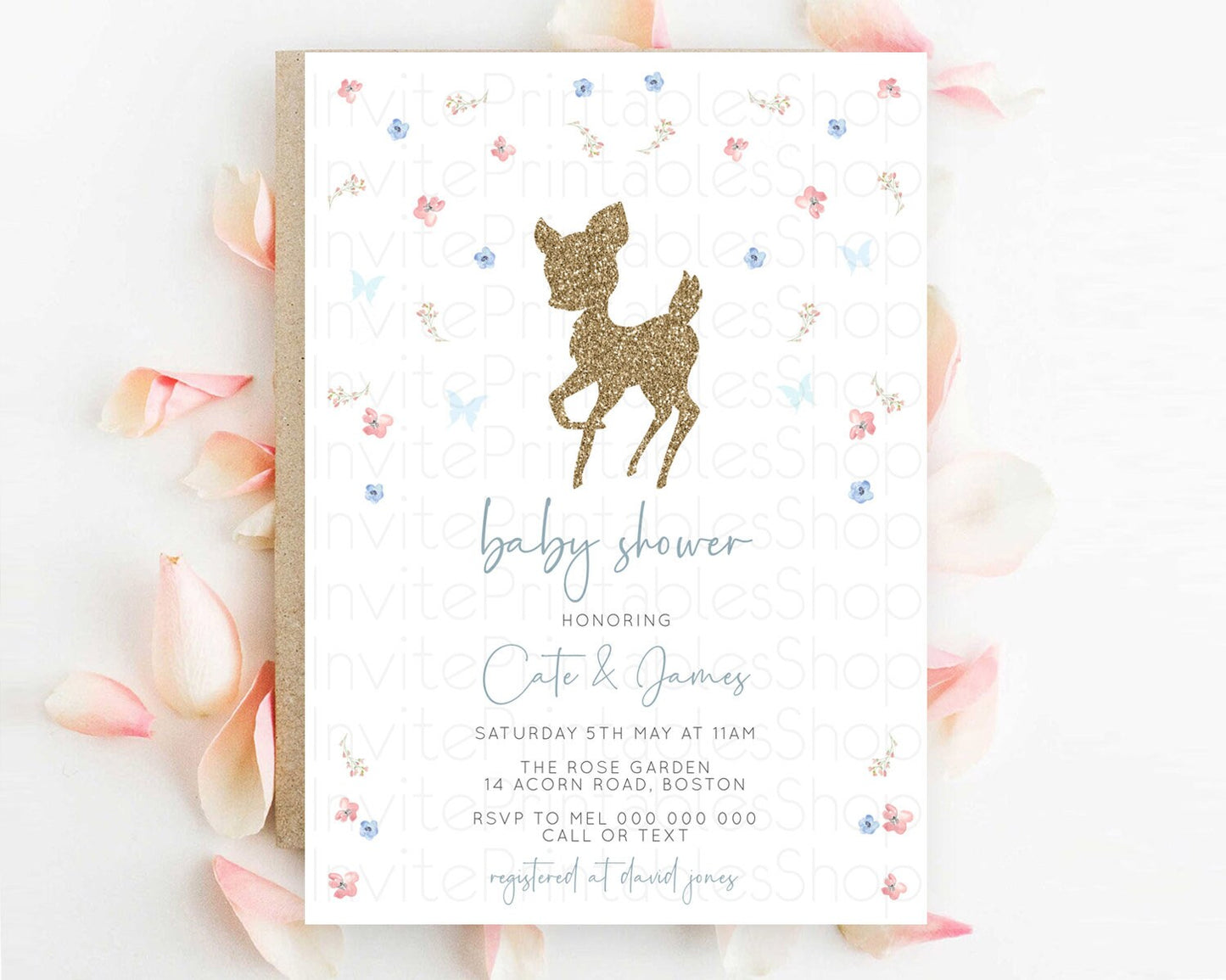 Fawn Baby Shower Invitation: Enchanted Forest Theme with Butterflies and Pastel Blue Pink Flowers - Whimsical Woodland Gender Reveal D10359