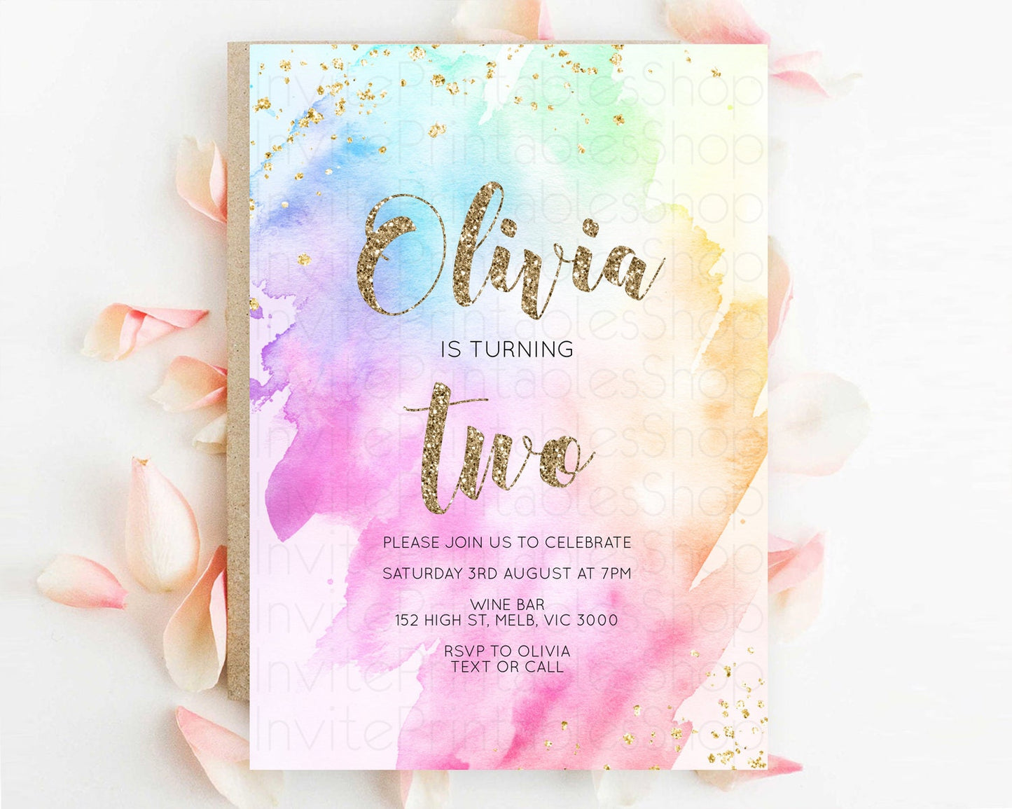 Rainbow Birthday Invitation Colorful Pastel Watercolor Invitation Gold Glitter Sprinkles Ombre Pastel 1st 2nd 3rd Birthday D10450