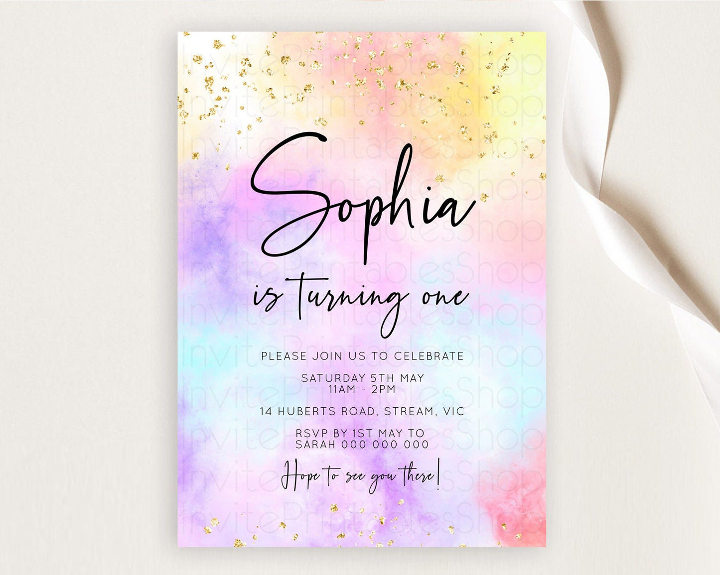 Rainbow Birthday Invitation Colorful Pastel Watercolor Invitation Gold Glitter Sprinkles Ombre Pastel 1st 2nd 3rd Birthday D10437