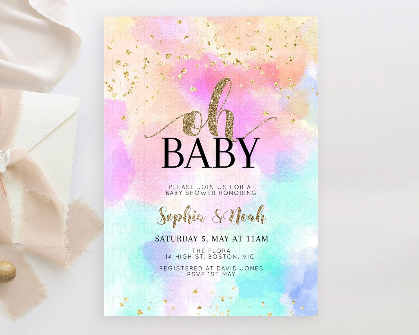 Pastel Baby Shower Invitation Rainbow Baby Shower Invitation Colorful Pastel Watercolor Invitation Gold Glitter Sprinkles Ombre D10669