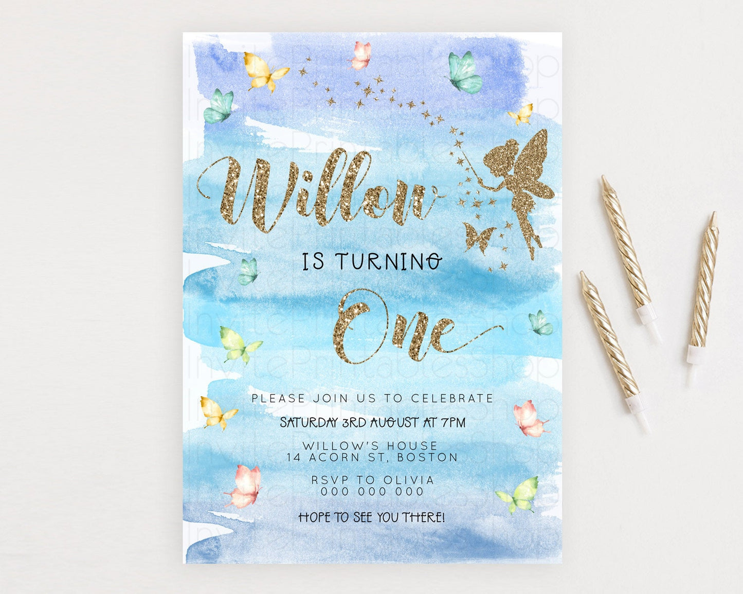 Pastel Fairy Birthday Invitation Pastel Butterflies Fairy Birthday Invitation Rainbow Ombre Watercolor 1st 2nd Birthday Invitation D23324