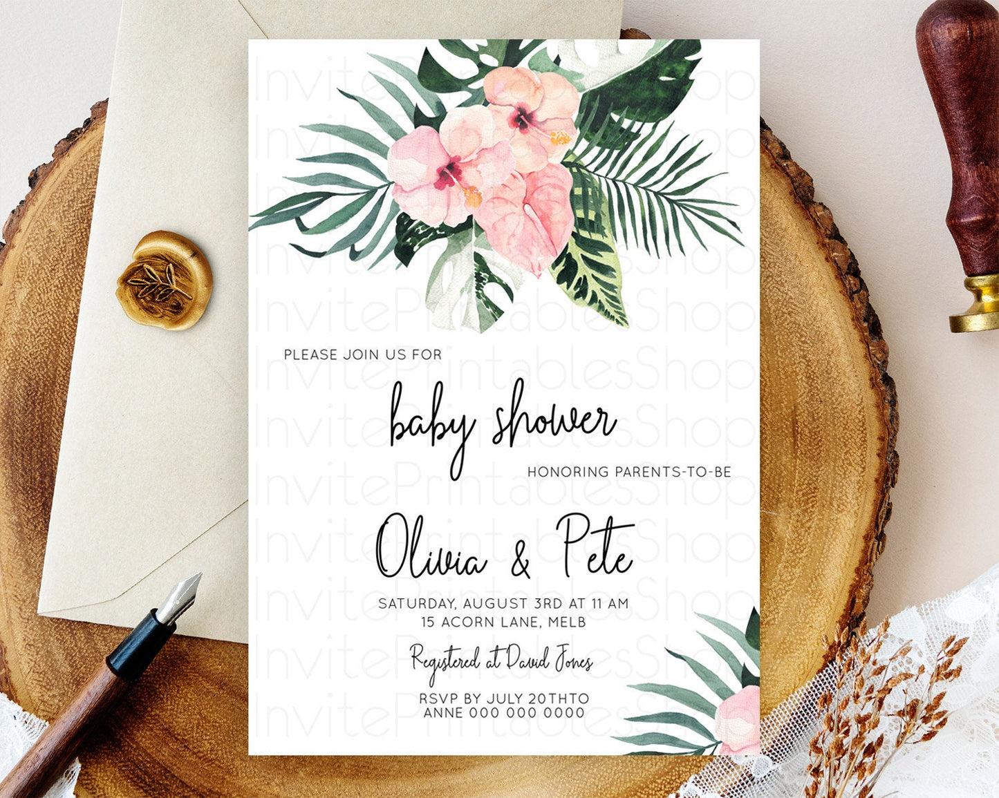 Tropical baby Shower Invitation Tropical Floral Baby Shower Invitation Palm Leaf Fern Invitation Frangipani White Orchid Invitation D11017