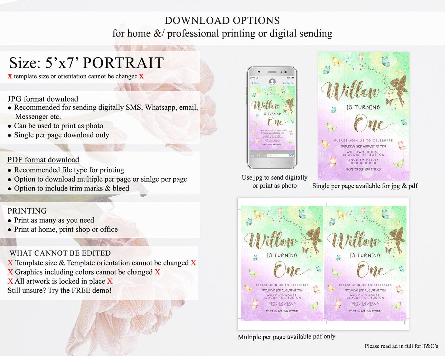 Pastel Fairy Birthday Invitation Pastel Butterflies Fairy Birthday Invitation Rainbow Ombre Watercolor 1st 2nd Birthday Invitation D23157