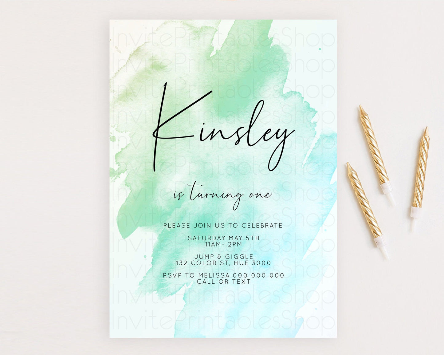 Green Birthday Invitation green Watercolor Invitation Pastel green Watercolor Invitation green Splash Gold Invitation First Birthday D10166