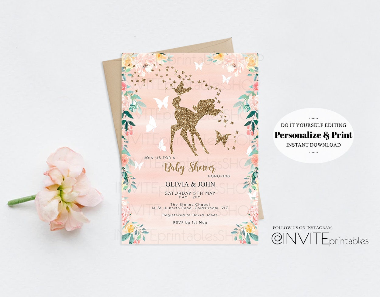 Fawn Baby Shower Invite Deer Baby Shower Invite Deer Invite Fawn Party Invite Pastel Floral Invite Glitter Invite Garden Party Invite