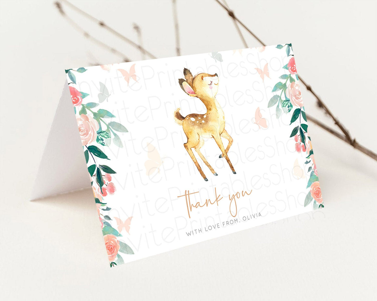 Fawn Thank You Deer Thank You Card Pastel Floral Deer Birthday Thank You Card Enchanted Forest Butterfly Deer Teacher Thank You Card D10753