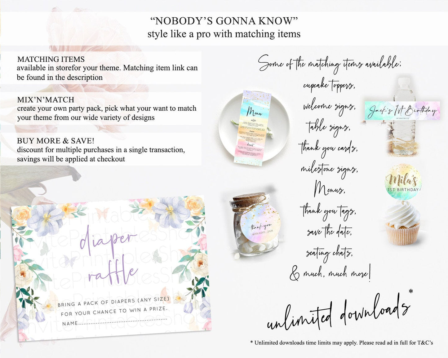 Secret Garden Diaper Raffle Card Boho Wildflower Diaper Raffle Insert Pastel Flower Garden Baby Shower Card Flower Raffle Game D10472