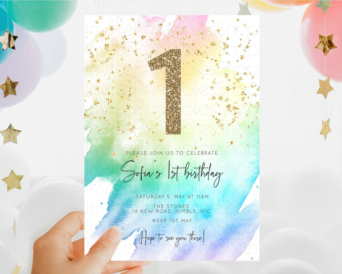 Rainbow Birthday Invitation Colorful Pastel Watercolor Invitation Gold Glitter Sprinkles Ombre Pastel 1st 2nd 3rd Birthday D10256