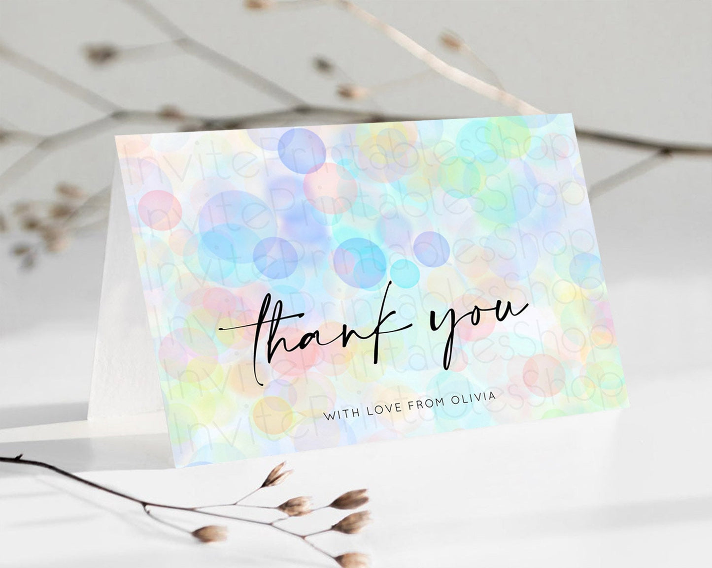Pastel Thank You Bubbles Thank You Card Bubble Bath Birthday Thank You Card Rainbow Pastel Colorful Confetti Teacher Thank You Cards D10446