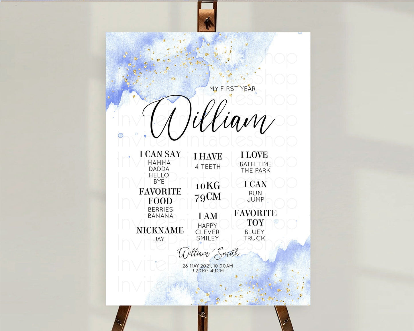 Blue First Birthday Milestone Poster Blue Watercolor Milestone Board Pastel Blue Watercolor Splash Milestone Board 1st Birthday Sign D10313