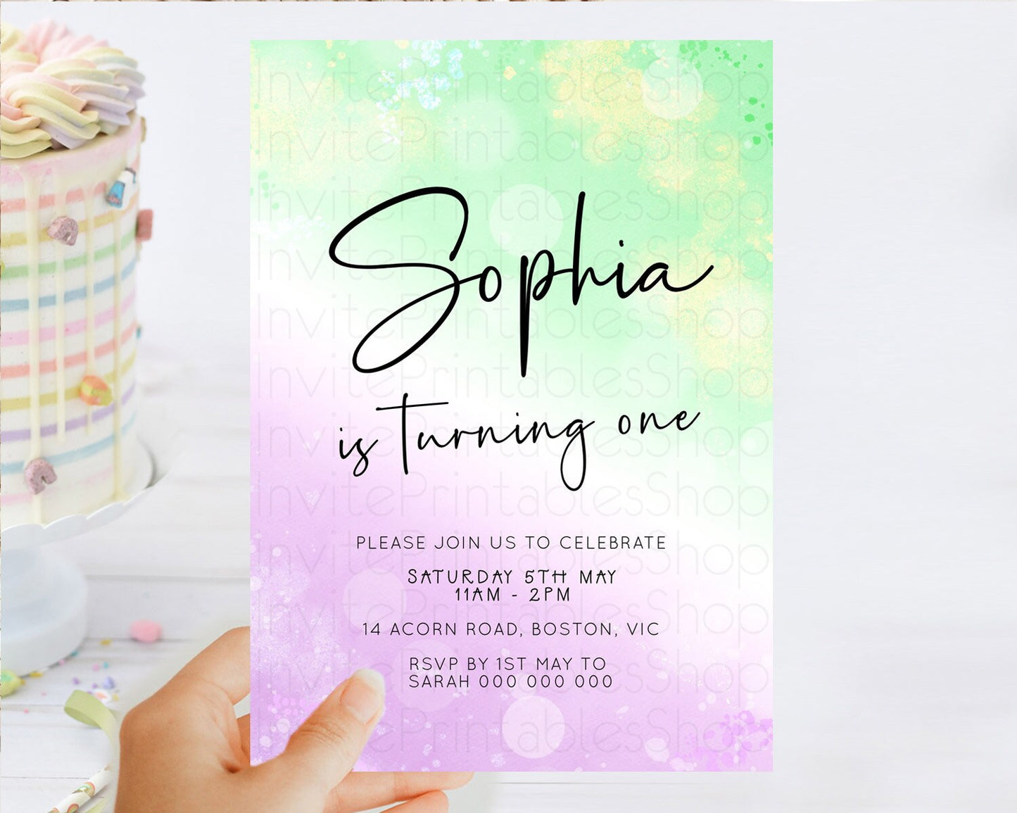 Pastel Birthday Invitation Ombre Watercolor Birthday Invitation Glitter Rainbow Color Splash 1st 2nd 3rd Birthday Invitation D23103