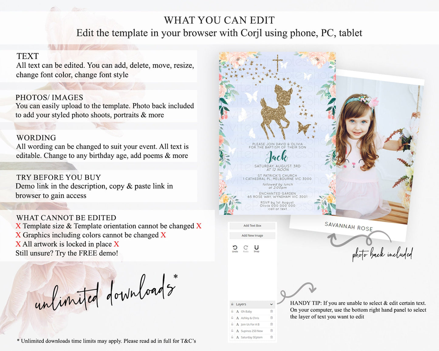 Fawn Baptism Invitation Deer Baptism 1st Birthday Invitation Enchanted Forest Christening Invitation Pastel Garden Butterfly Floral D10875