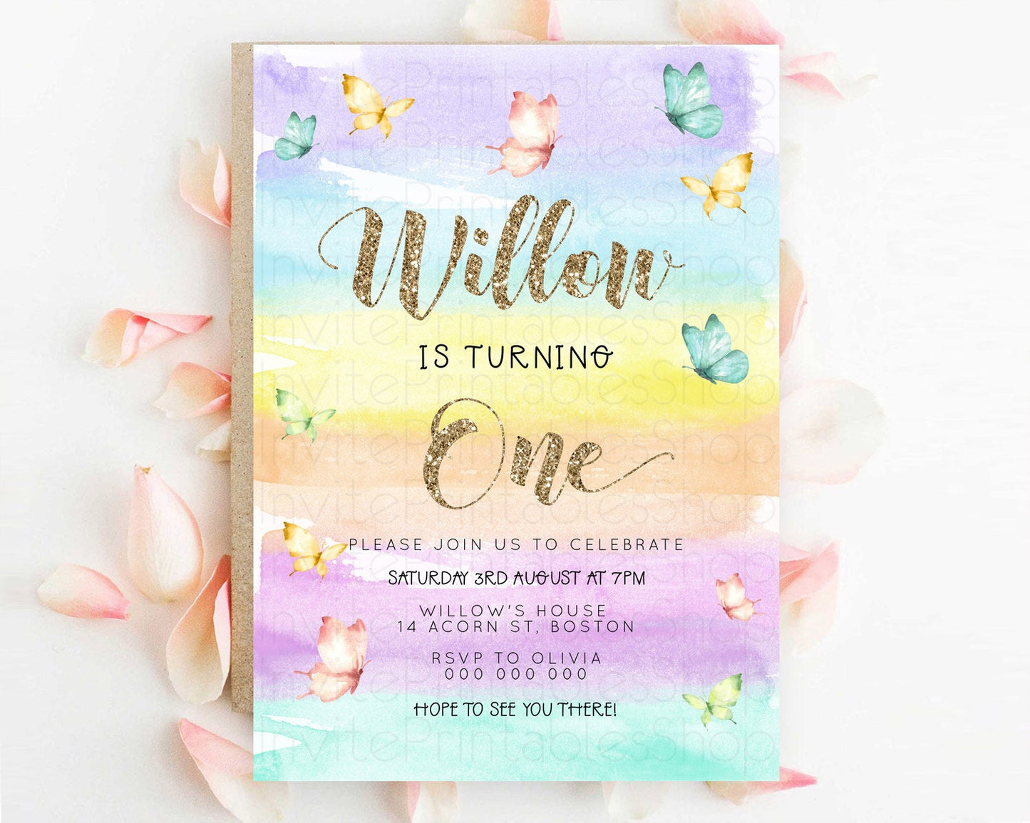 Pastel Butterfly Birthday Invitation Butterfly Birthday Invitation Colorful Splash Glitter Butterfly Garden 1st 2nd Birthday D23221