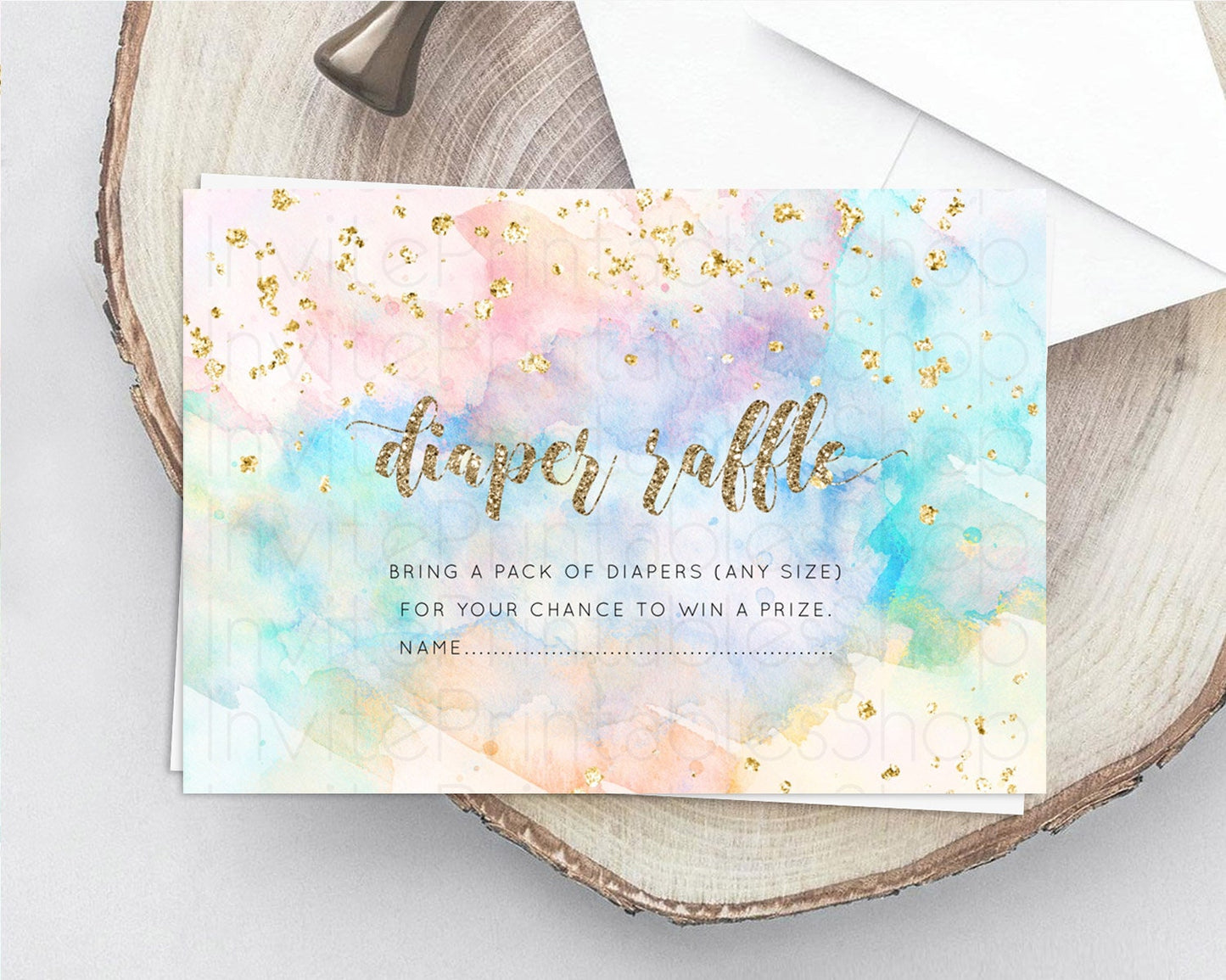Pastel Diaper Raffle Card Pastel Rainbow Diaper Raffle Insert Colorful Ombre Watercolor Diaper Ticket Confetti Glitter Raffle Game D10261