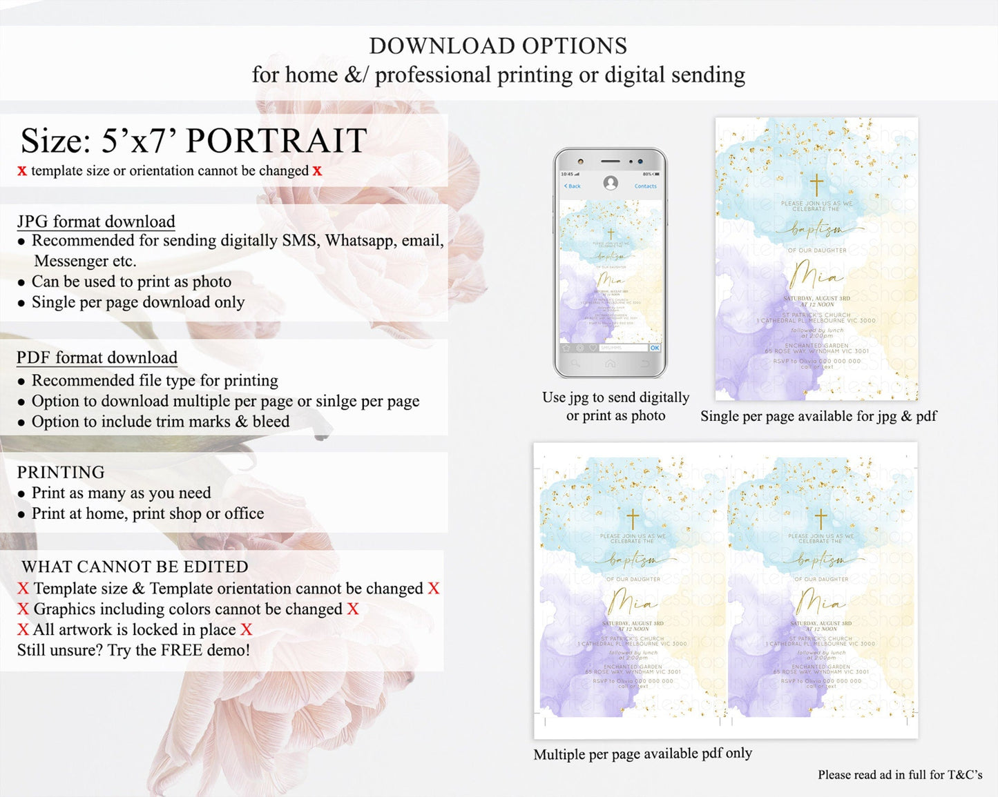 Pastel Baptism Invitation Pastel Colors Watercolor Baptism 1st Birthday Party Gold Ombre Pastel Rainbow Christening Holy Communion D10206