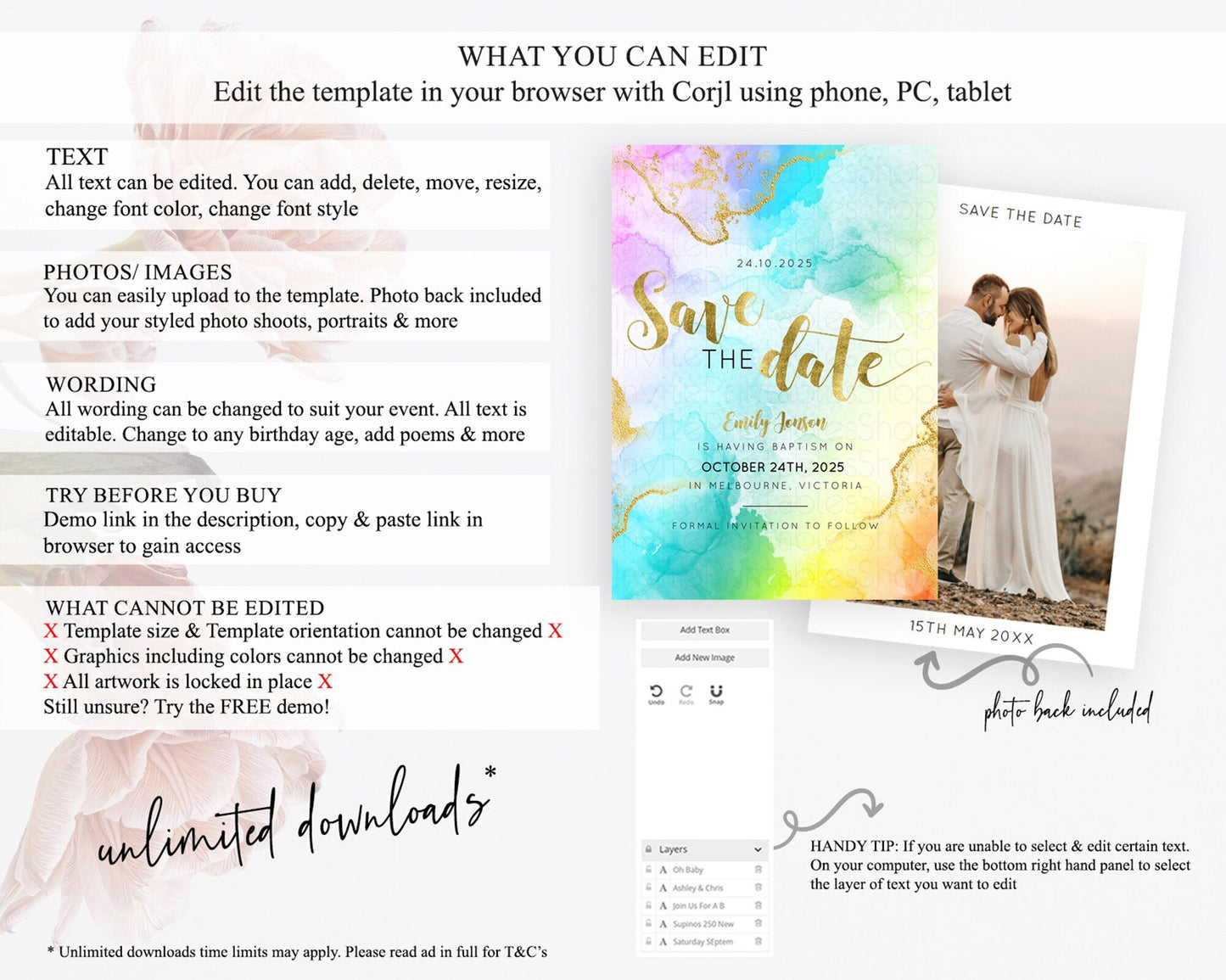 Pastel Save The Date Template Pastel Ombre Rainbow Watercolor Colorful Party For Birthday Baptism Baby Shower Wedding Bridal Shower D10392