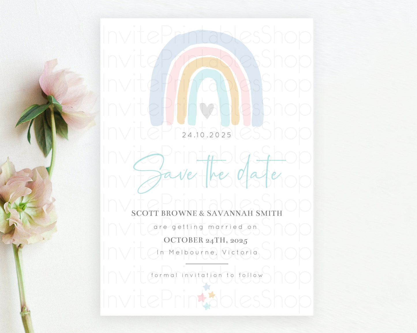 Editable Pastel Rainbow Save The Date Template Boho Colorful Rainbow Party R