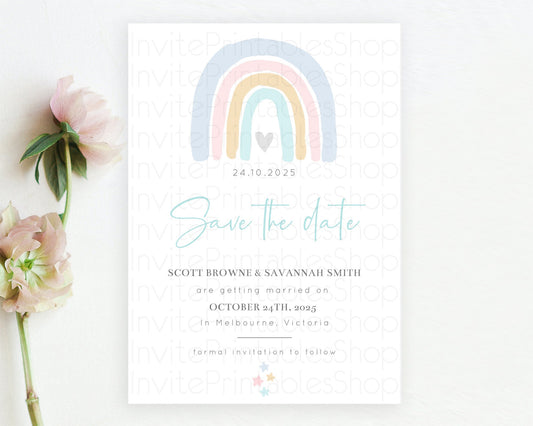 Editable Pastel Rainbow Save The Date Template Boho Colorful Rainbow Party R