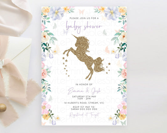 Editable Unicorn Garden Baby Shower Invitation Pastel Floral Unicorn invitat