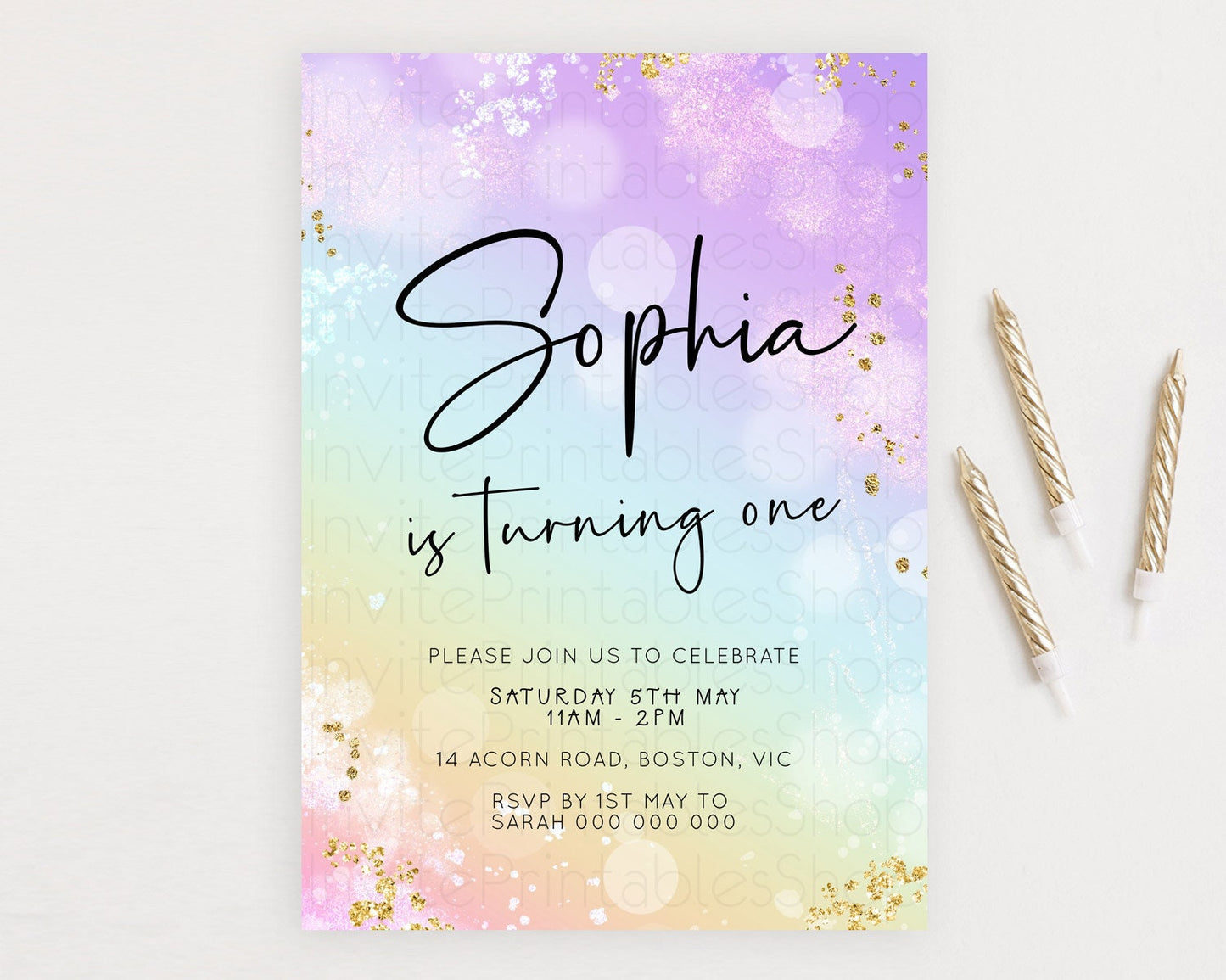 Pastel Birthday Invitation Ombre Watercolor Birthday Invitation Glitter Rainbow Color Splash 1st 2nd 3rd Birthday Invitation D23107