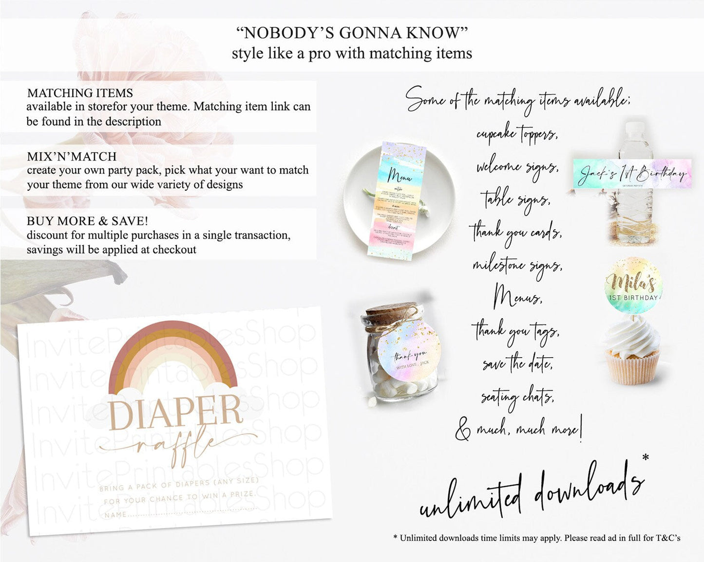Pastel Rainbow Diaper Raffle Card Boho Rainbow Diaper Insert Boho Rainbow Diaper Ticket Pastel Watercolor Baby Shower Raffle Game D10122