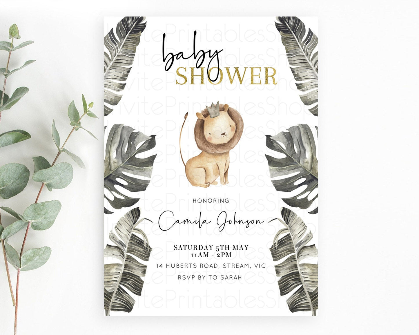 Safari Baby Shower Invitation Baby Lion Gorilla Elephant Rhino Invitation Tropical Palm Jungle Safari Adventure Baby Animals D10599