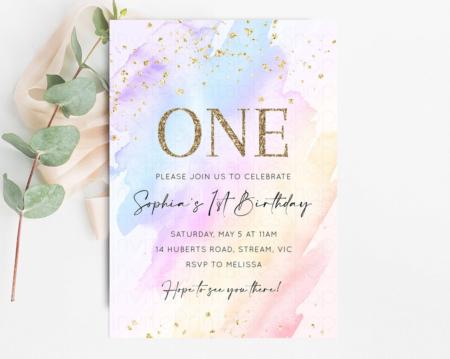 Rainbow Birthday Invitation Glitter Pastel Invitation Colorful Watercolor Gold Foil Splatter Sprinkle Ombre 1st 2nd 3rd Birthday Invite t600