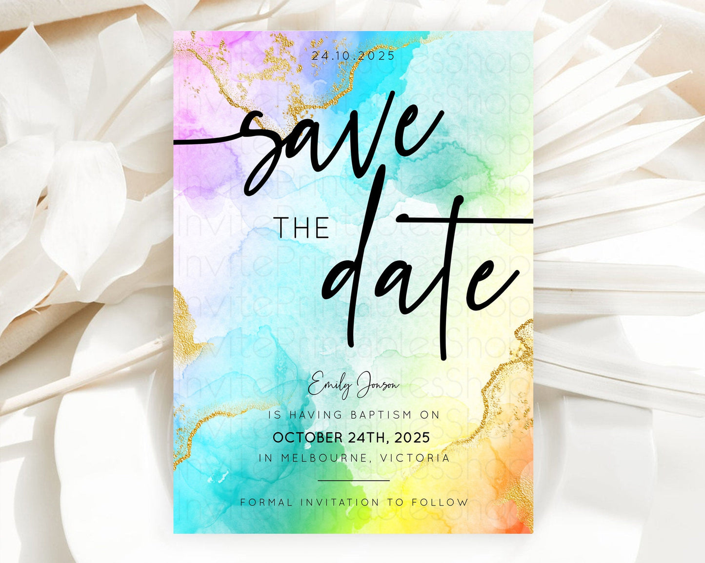Pastel Save The Date Template Pastel Ombre Rainbow Watercolor Colorful Party For Birthday Baptism Baby Shower Wedding Bridal Shower D10390