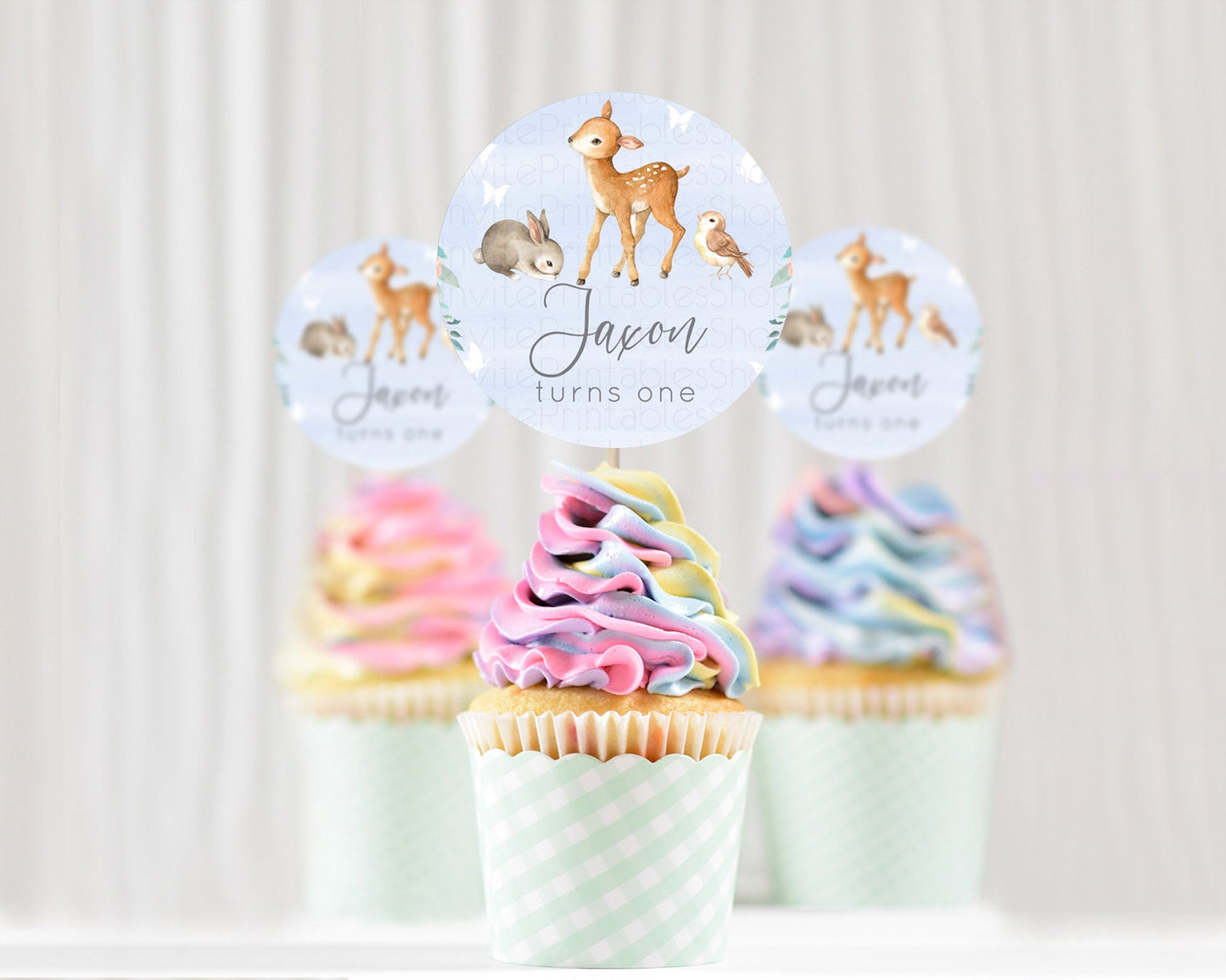 Fawn Cupcake Toppers Deer Cupcake Toppers Enchanted Forest Party Butterfly Pastel Flowers Woofland Cupcake Toppers First Birthday D10920