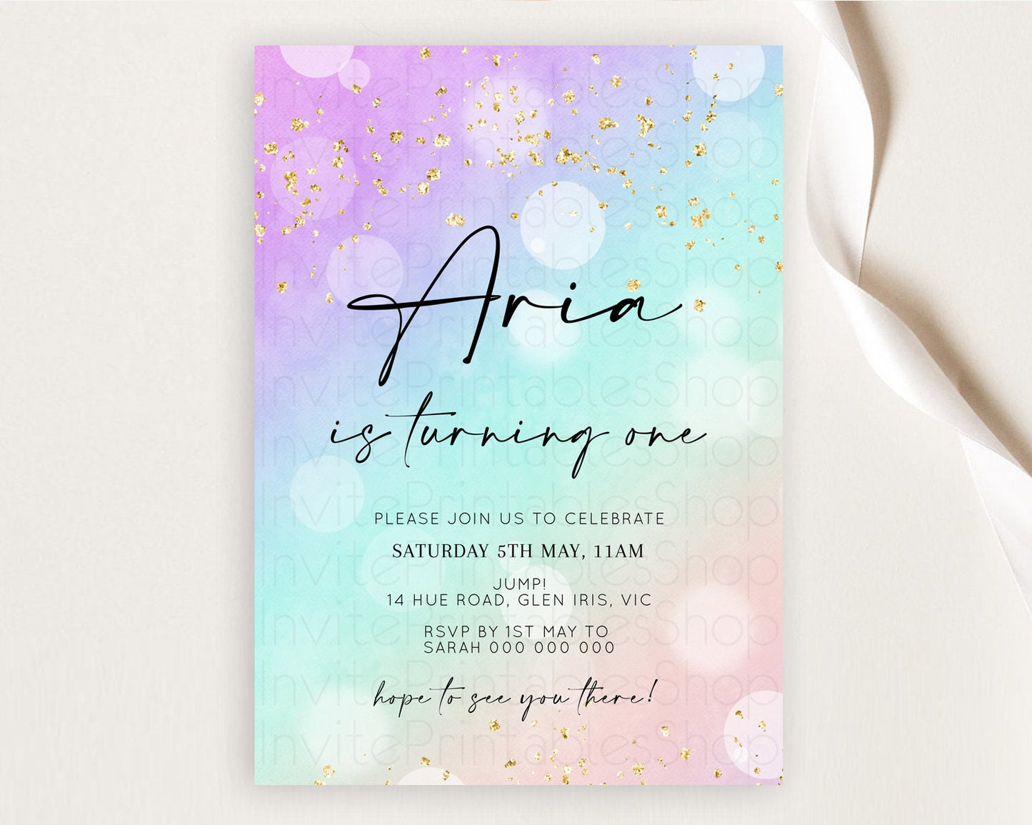 Rainbow Birthday Invitation Colorful Pastel Watercolor Invitation Gold Glitter Sprinkles Ombre Pastel 1st 2nd 3rd Birthday D10618