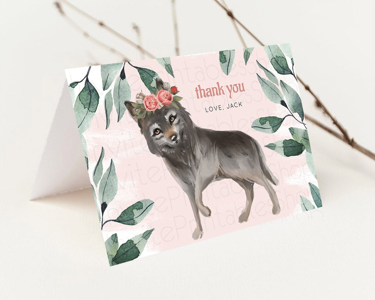 Wolf Thank You Wolf Thank You Card Pastel Floral Wolf Birthday Thank You Card Forest Wolf Party Decor Wolf Birthday Thank You Cards D10535