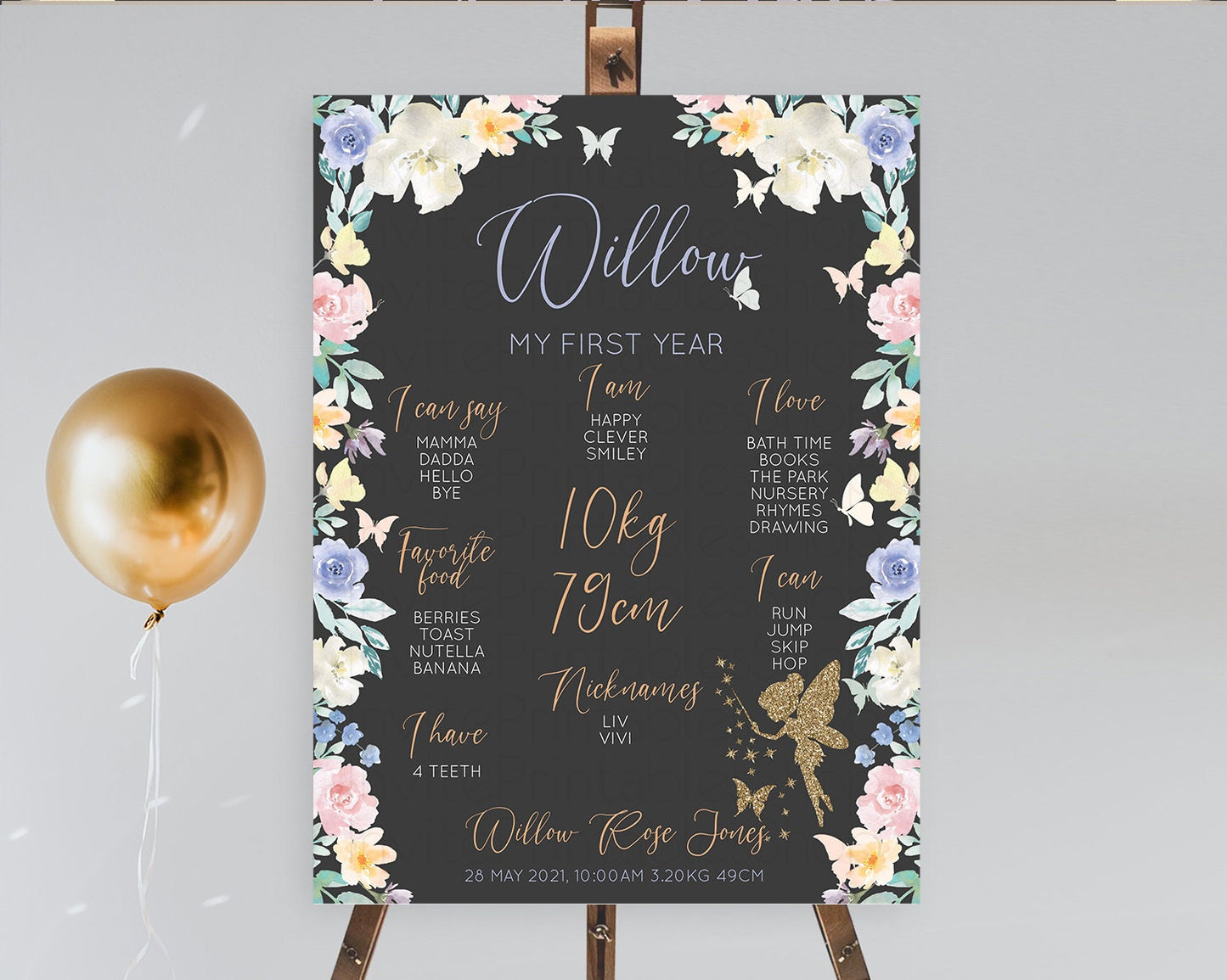 Fairy First Birthday Milestone Poster Fairy Secret Garden Milestone Board Enchanted Garden Pastel Floral Butterfly 1st Birthday Sign D11000