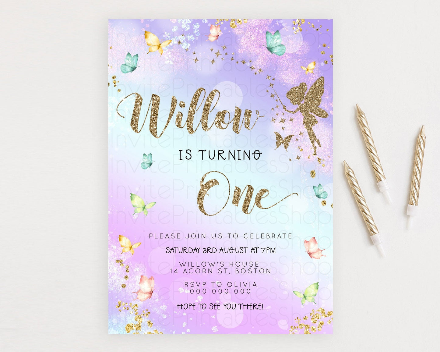 Pastel Fairy Birthday Invitation Pastel Butterflies Fairy Birthday Invitation Rainbow Ombre Watercolor 1st 2nd Birthday Invitation D23166