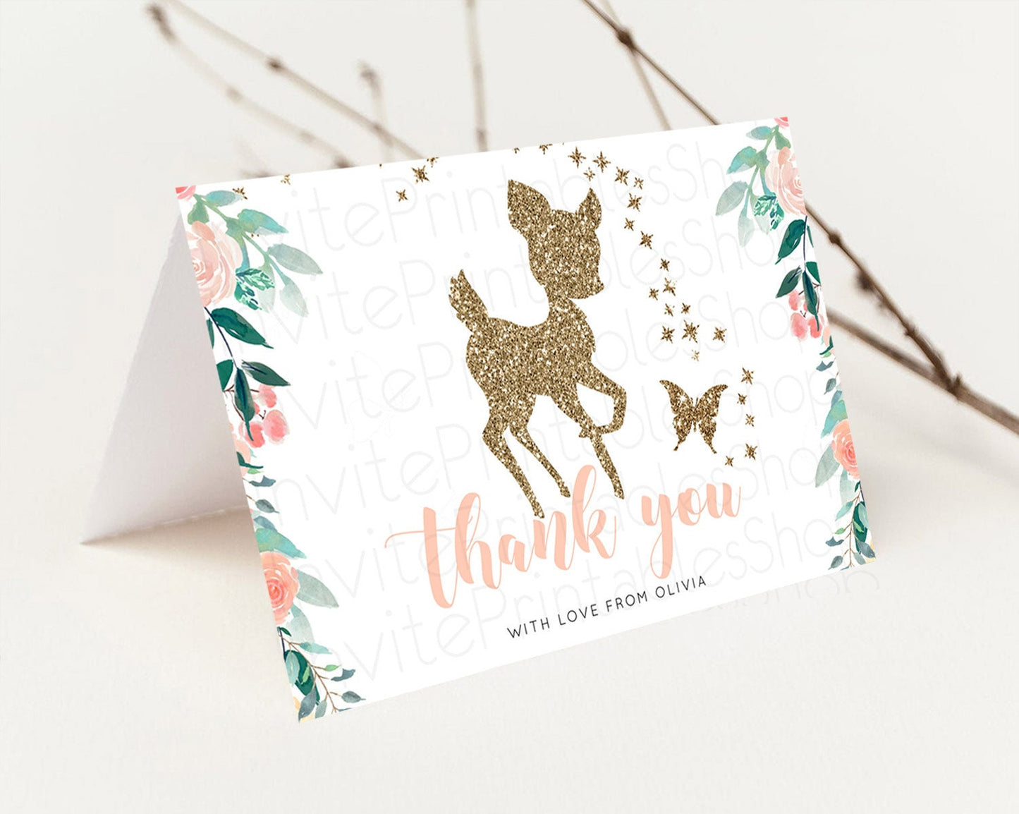 Fawn Thank You Deer Thank You Card Pastel Floral Deer Birthday Thank You Card Enchanted Forest Butterfly Deer Teacher Thank You Card D10874