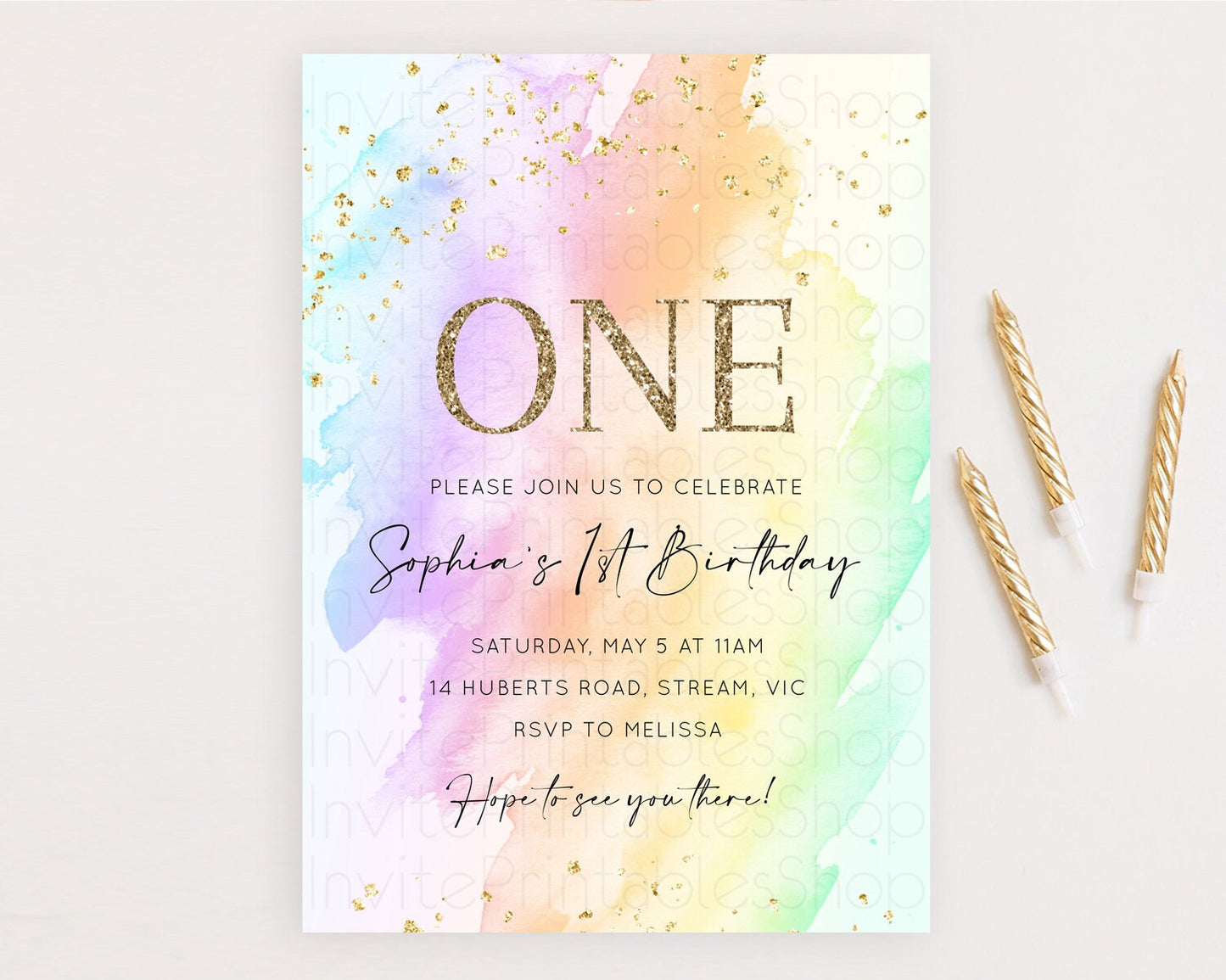 Rainbow Birthday Invitation Colorful Pastel Watercolor Invitation Gold Glitter Sprinkles Ombre Pastel 1st 2nd 3rd Birthday D10645