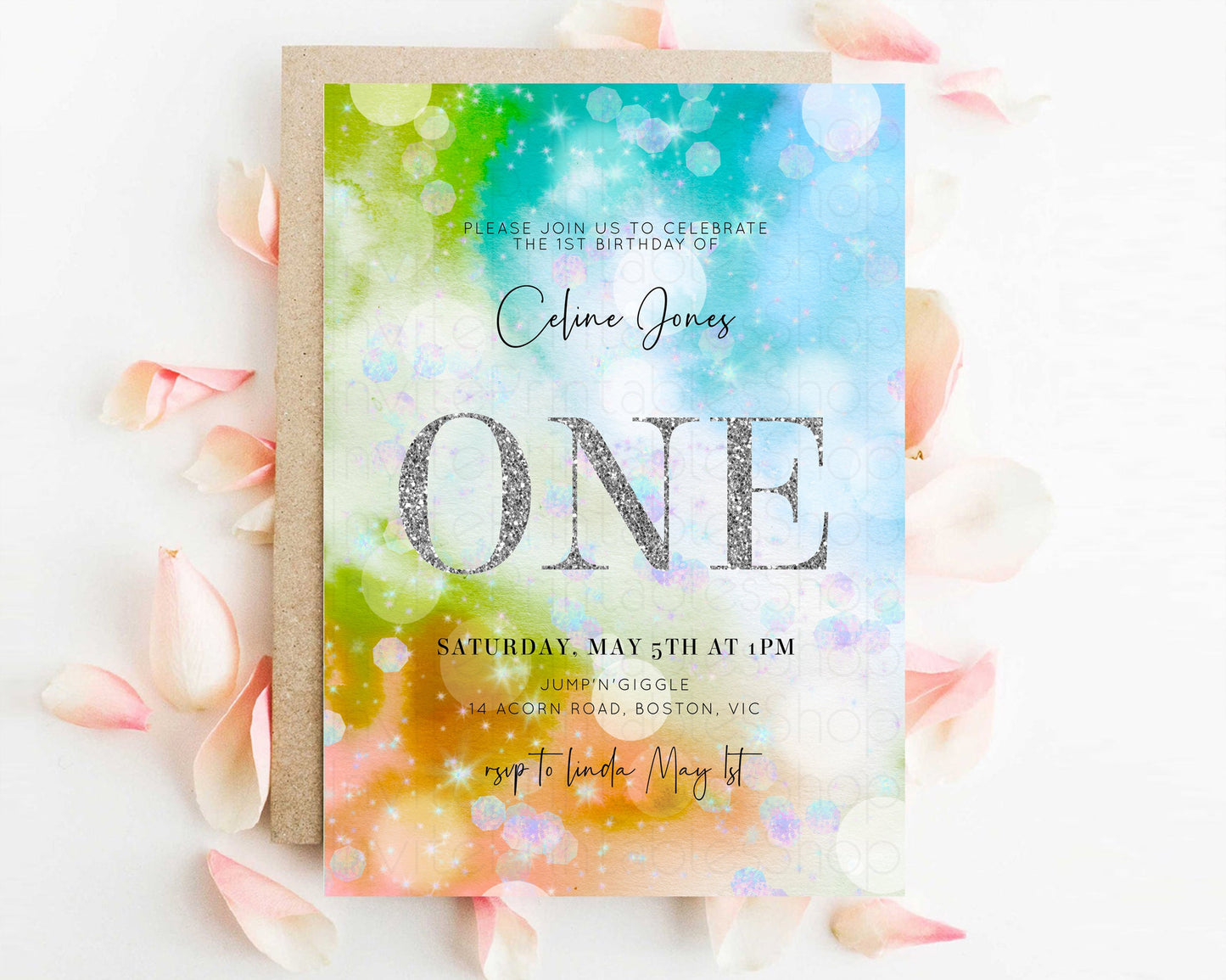 Rainbow Birthday Invitation Pastel Birthday Invite Ombre Watercolor Invite Enchanted Theme Colorful Splash Glitter Sprinkles 1st 2nd 3rd