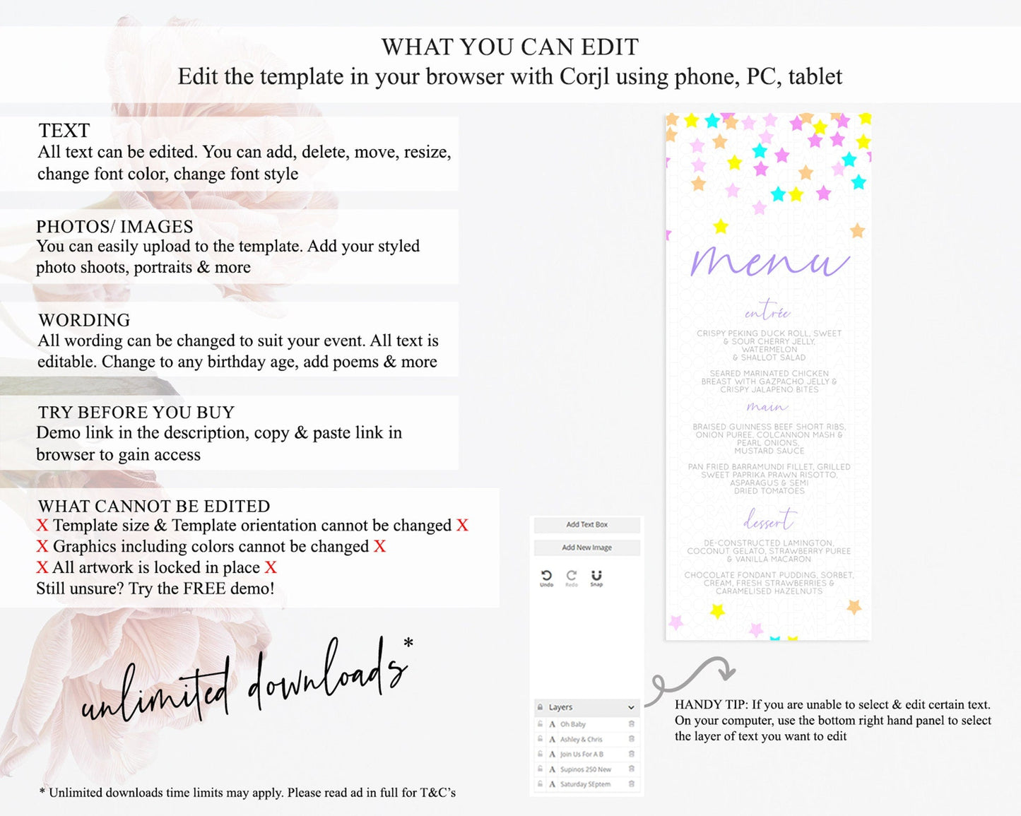 Star Menu Template Pastel Stars Menu Shooting Star Twinkle Little Star Decor Rainbow Colorful Confetti Dinner Dessert Food Menu D10397