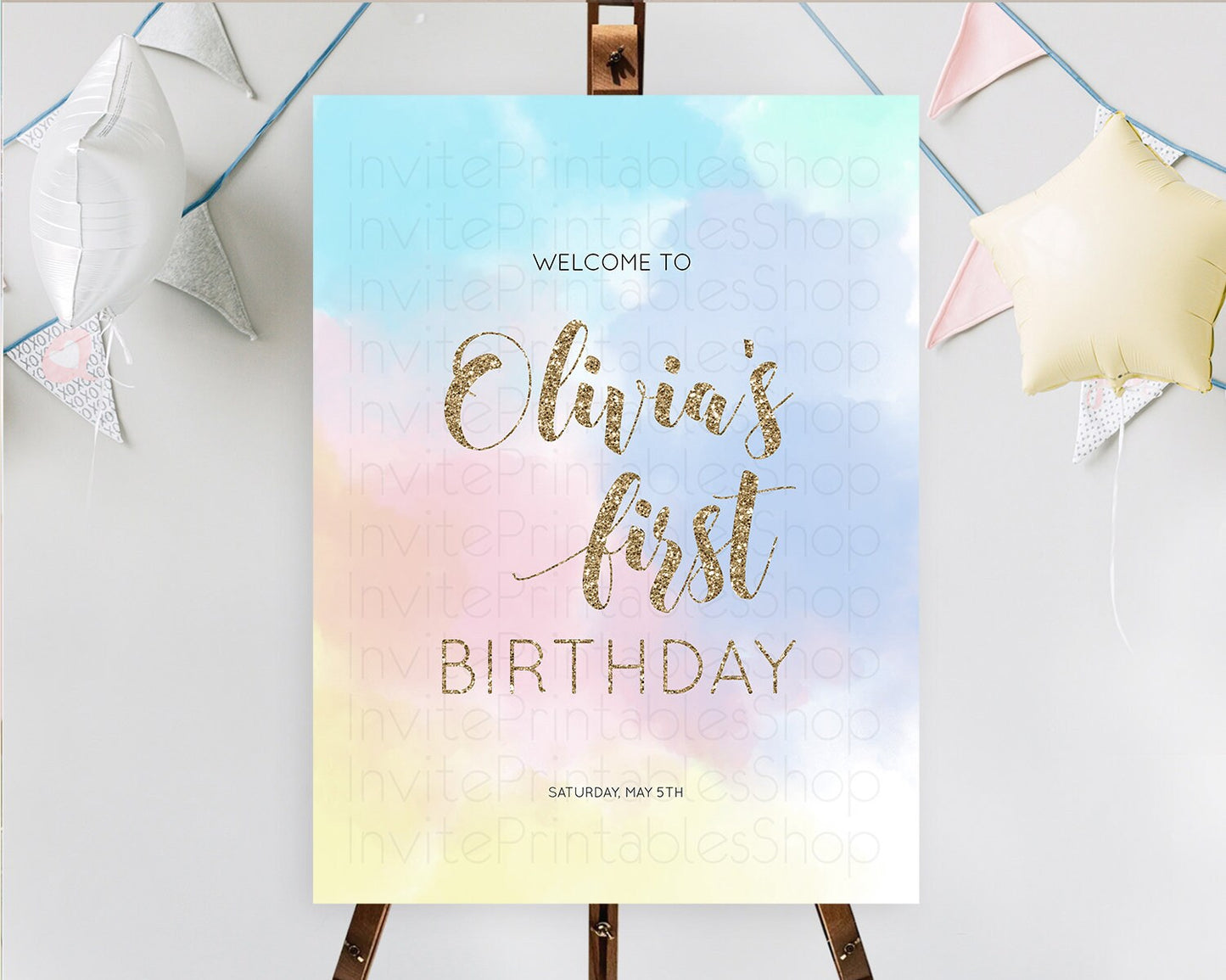 Pastel Welcome Sign Pastel Rainbow Welcome Sign Colorful Rainbow Confetti Watercolor Glitter Pastel First Birthday Welcome Sign D10378