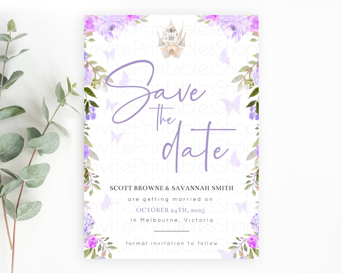 Princess Save The Date Template Secret Garden Enchanted Castle Pastel Floral Royal Party For 1st Birthday Baptism Baby Shower D10339