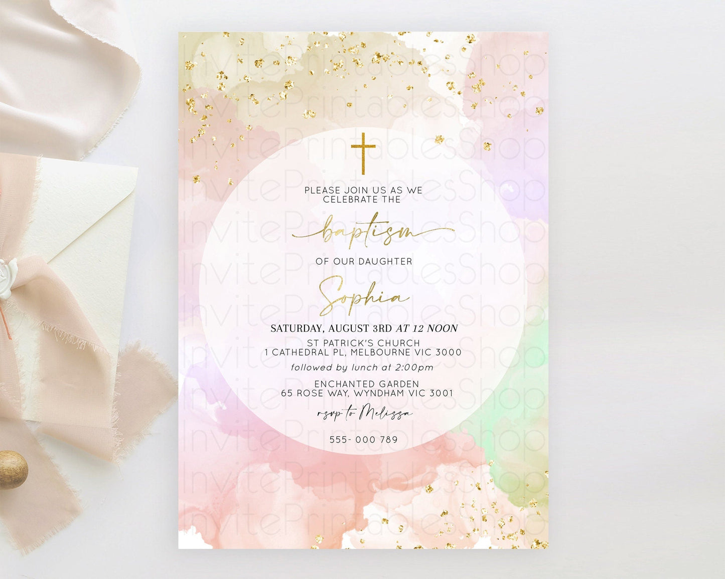 Pastel Baptism Invitation Pastel Colors Watercolor Baptism 1st Birthday Party Gold Ombre Pastel Rainbow Christening Holy Communion D10627