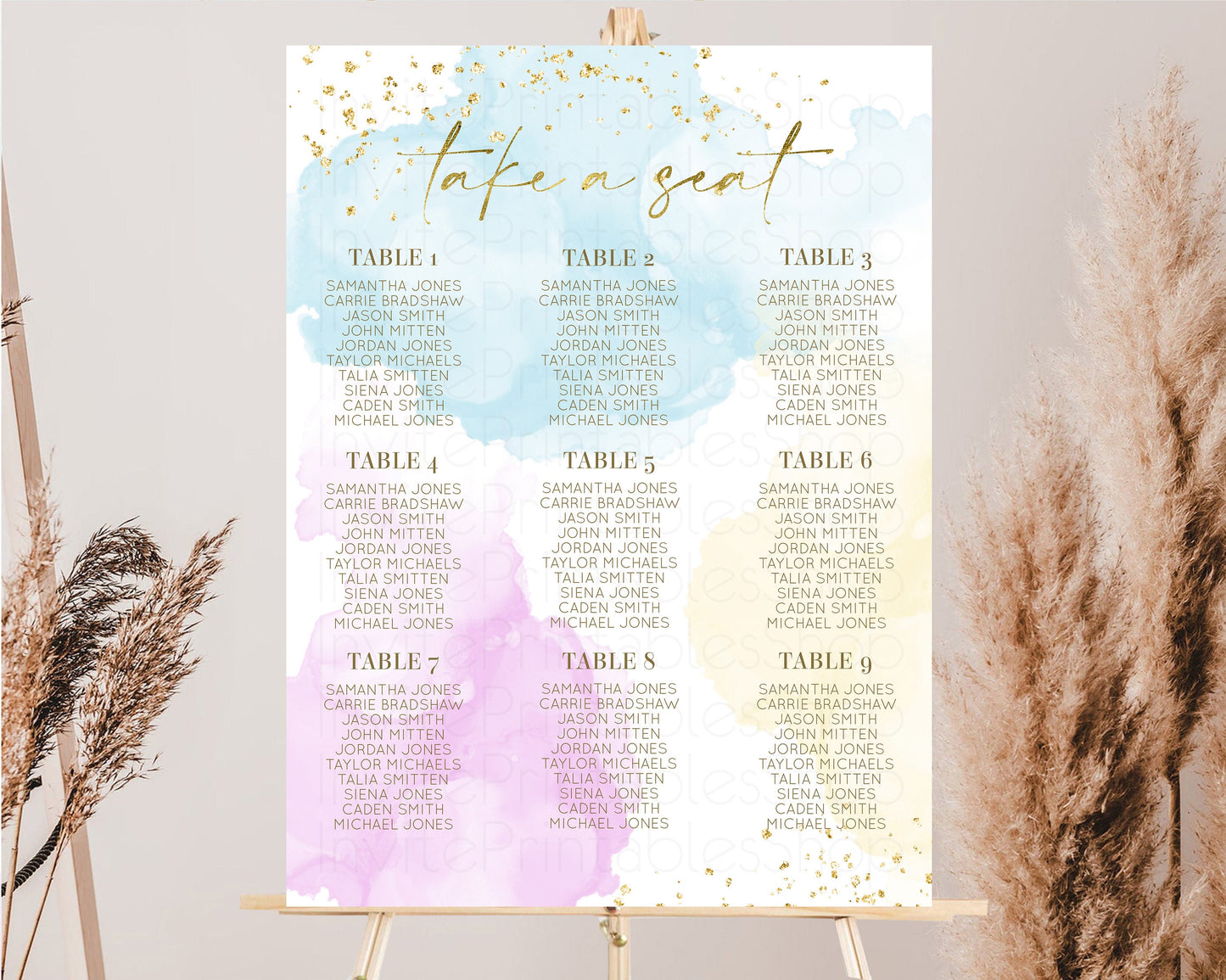 Rainbow Seating Chart Pastel Seating Sign Colors Splash Take a Seat Board Glitter Gold Seat Chart Wedding Christening Birthday Baptism 190V2