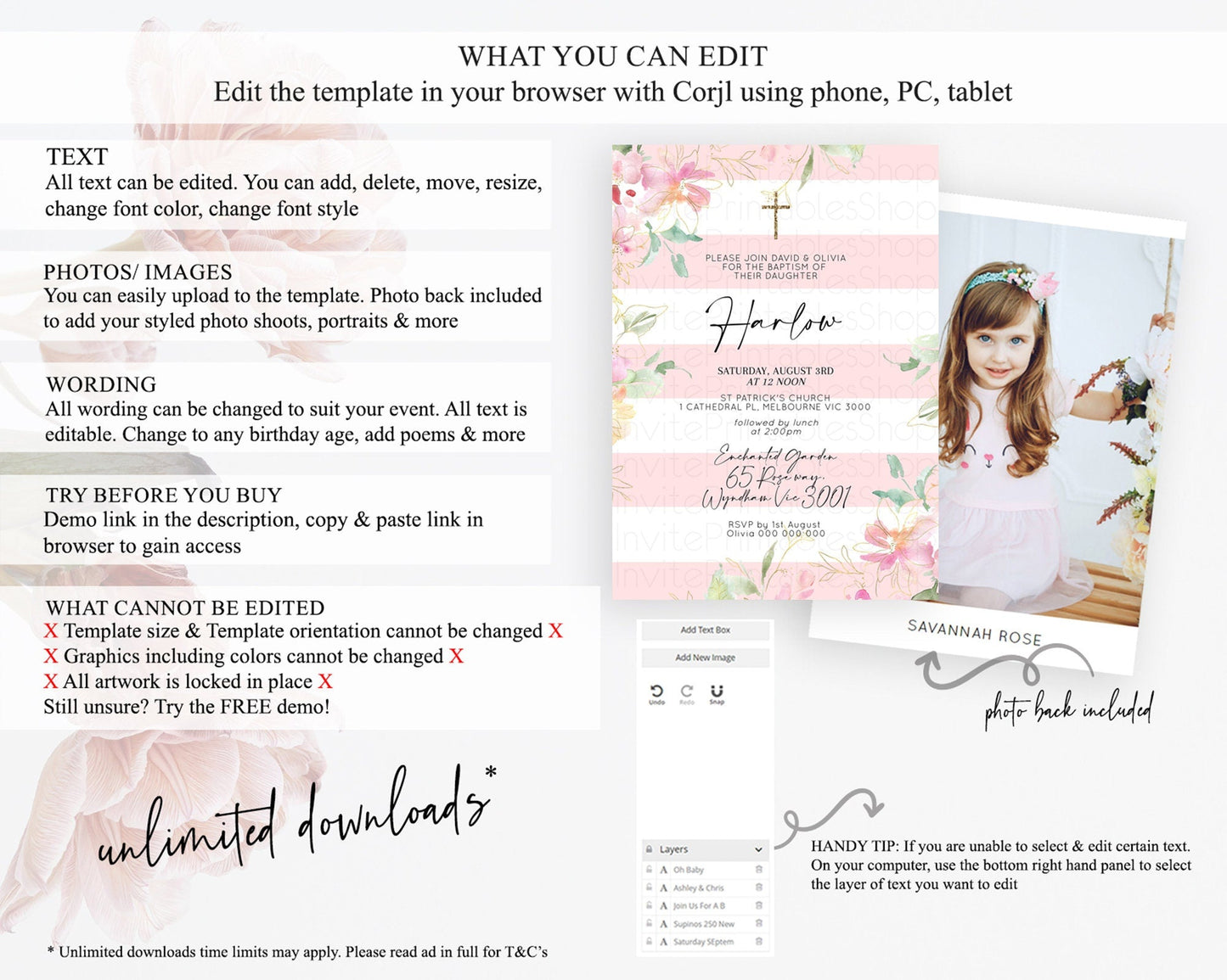 Secret Garden Baptism Invitation Wildflower Baptism Birthday Invite Pastel Flowers Christening Invite Enchanted Garden Boho Floral D10301