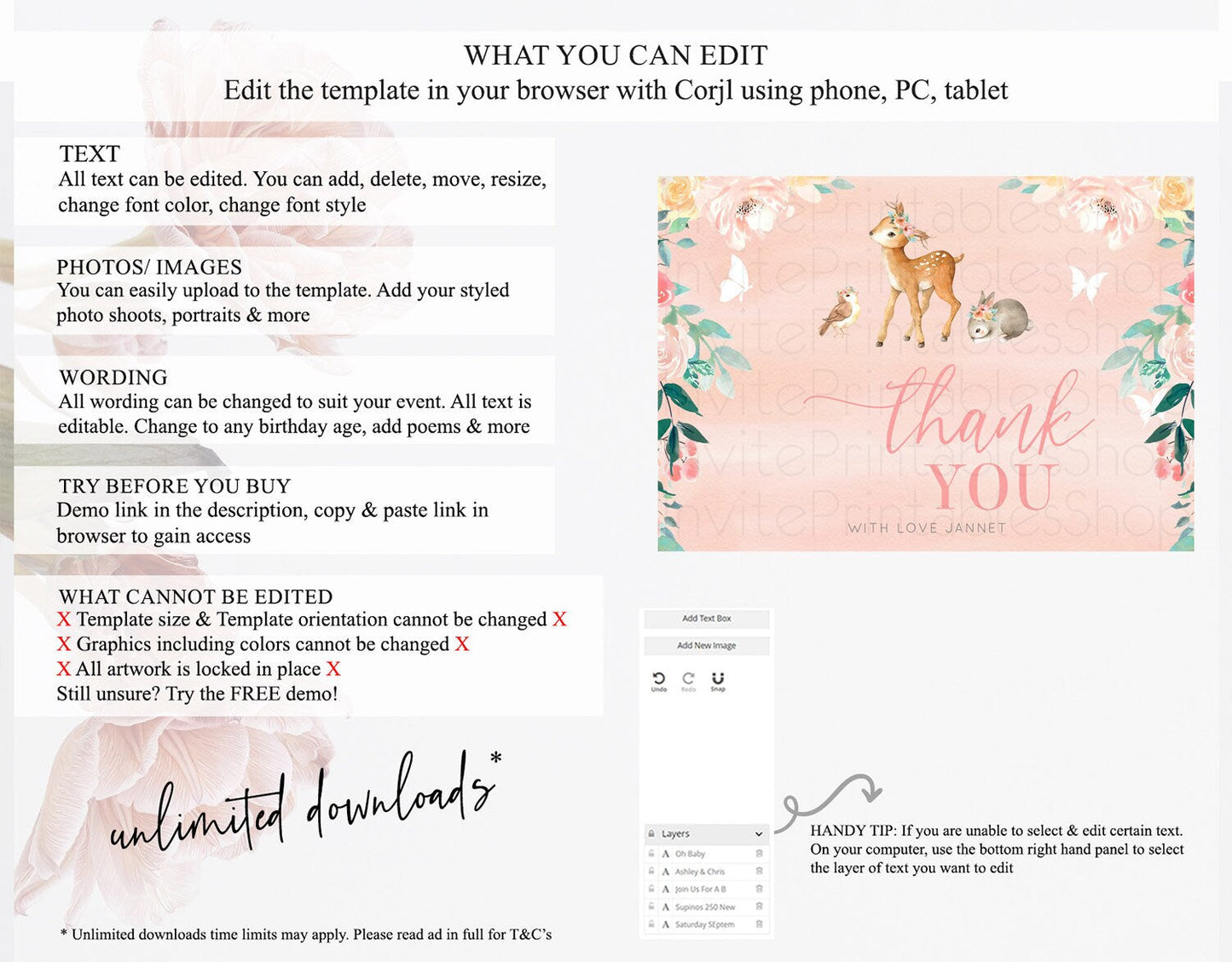 Fawn Thank You Deer Thank You Card Pastel Floral Deer Birthday Thank You Card Enchanted Forest Butterfly Deer Teacher Thank You Card D10921