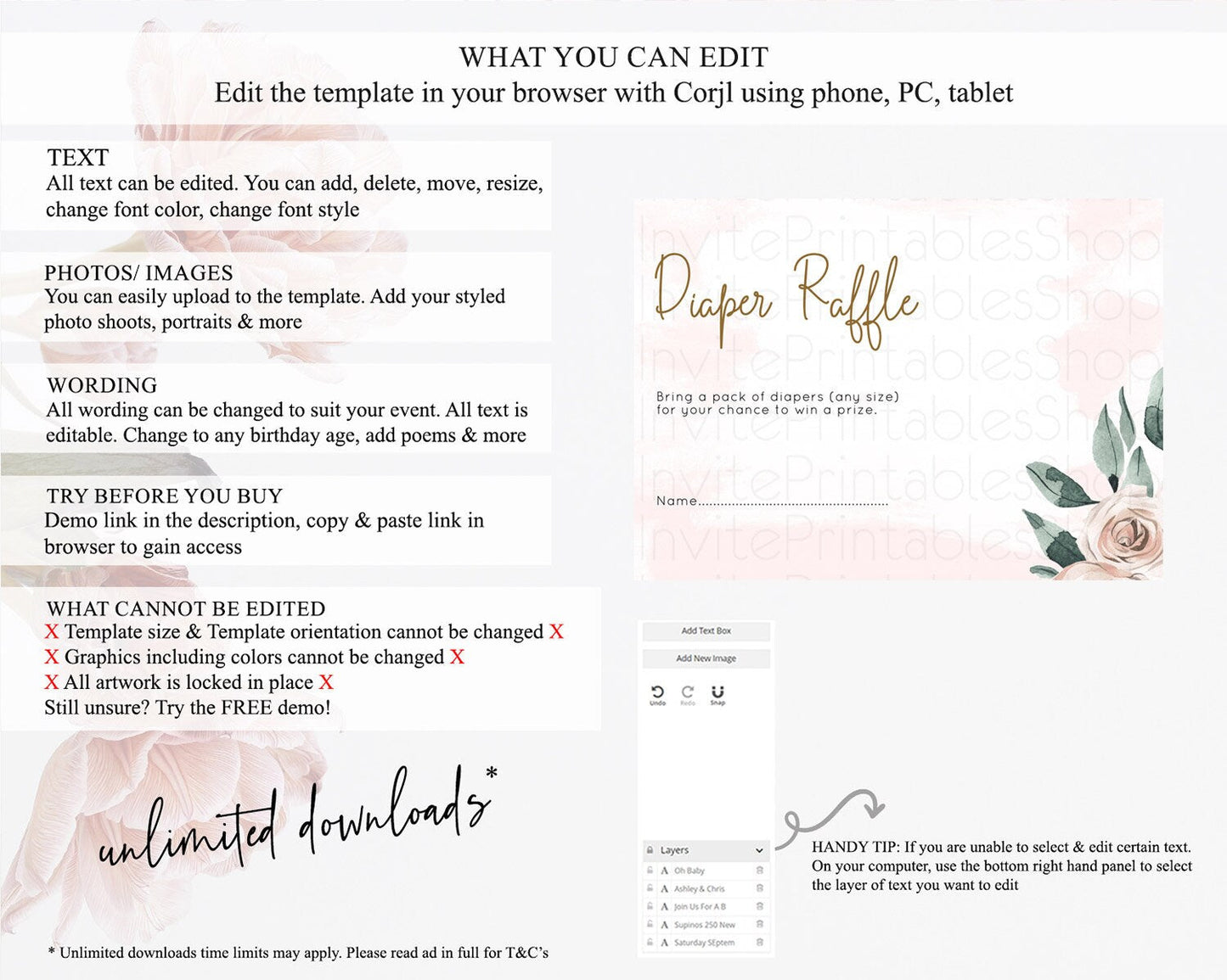 Tropical Diaper Raffle Card Tropical Diaper Raffle Insert Palm Leaf Diaper Ticket Fern Frangipani Floral White Orchid Raffle Game D11010