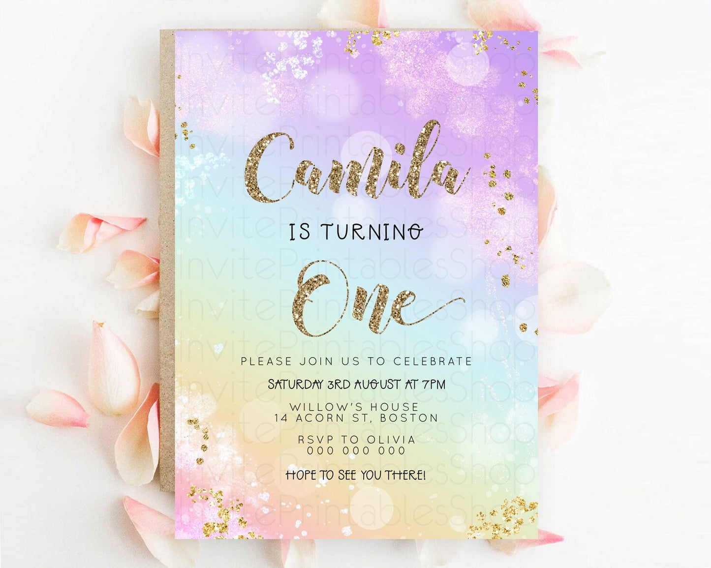 Rainbow Birthday Invitation Colorful Pastel Watercolor Invitation Gold Glitter Sprinkles Ombre Pastel 1st 2nd 3rd Birthday D23125