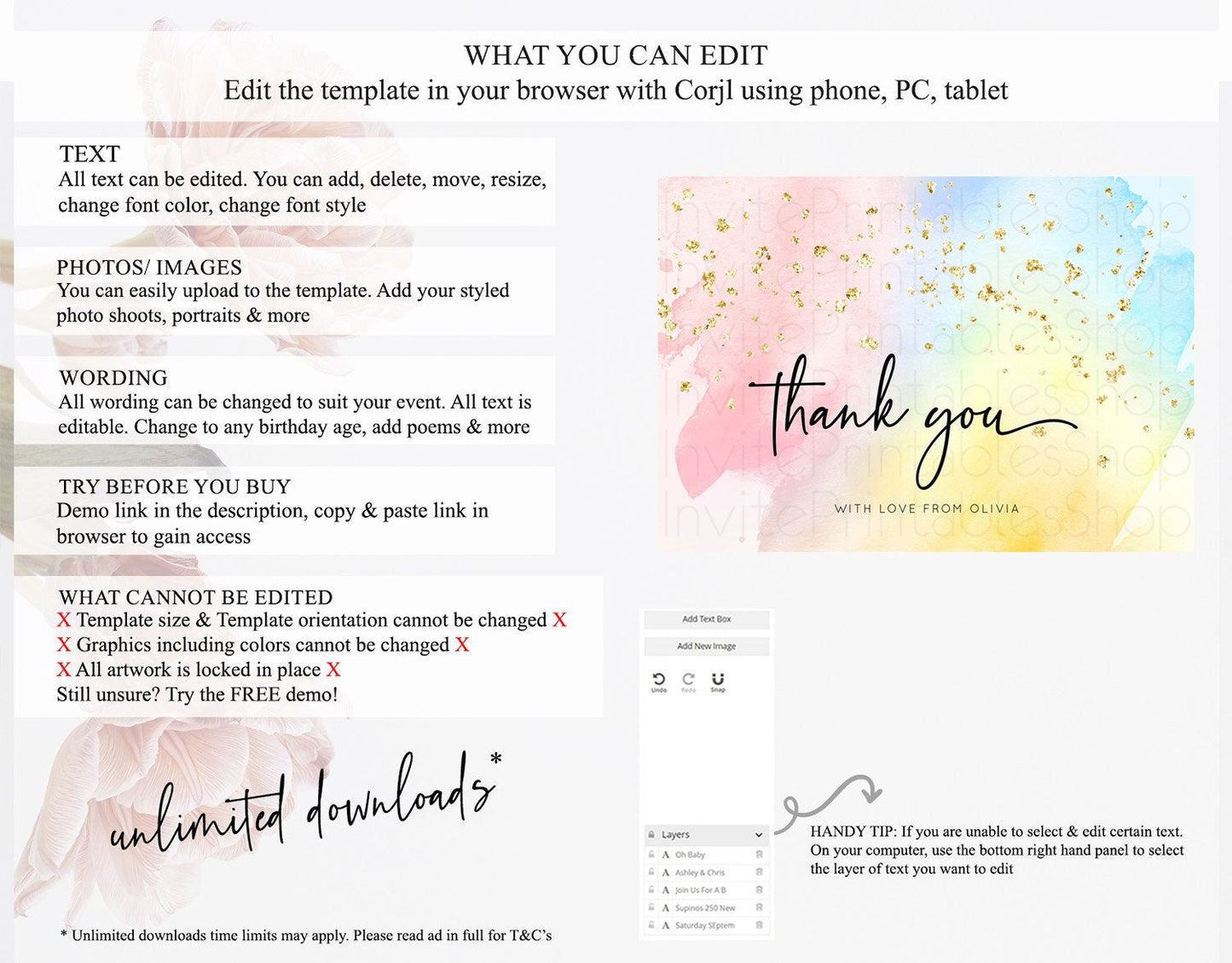 Pastel Thank You Rainbow Thank You Card Colorful Pastel Birthday Thank You Card Confetti Watercolor Pastel Teacher Thank You Cards D10557